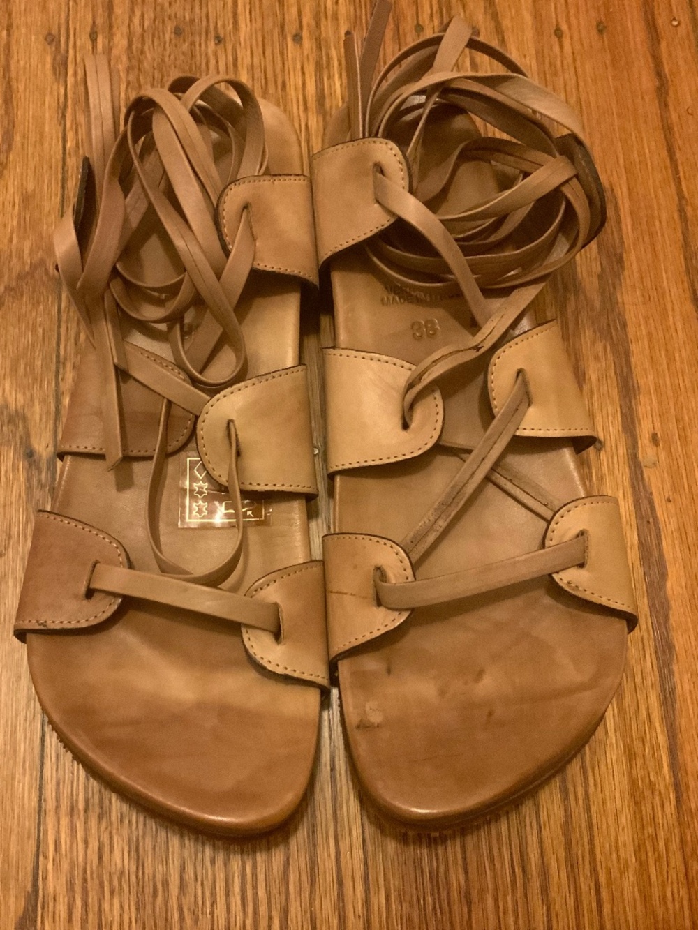 NWOT Vera Pelle Made in Italy Yin Gladiator Sandals 38 Tan Leather Ankle Tie